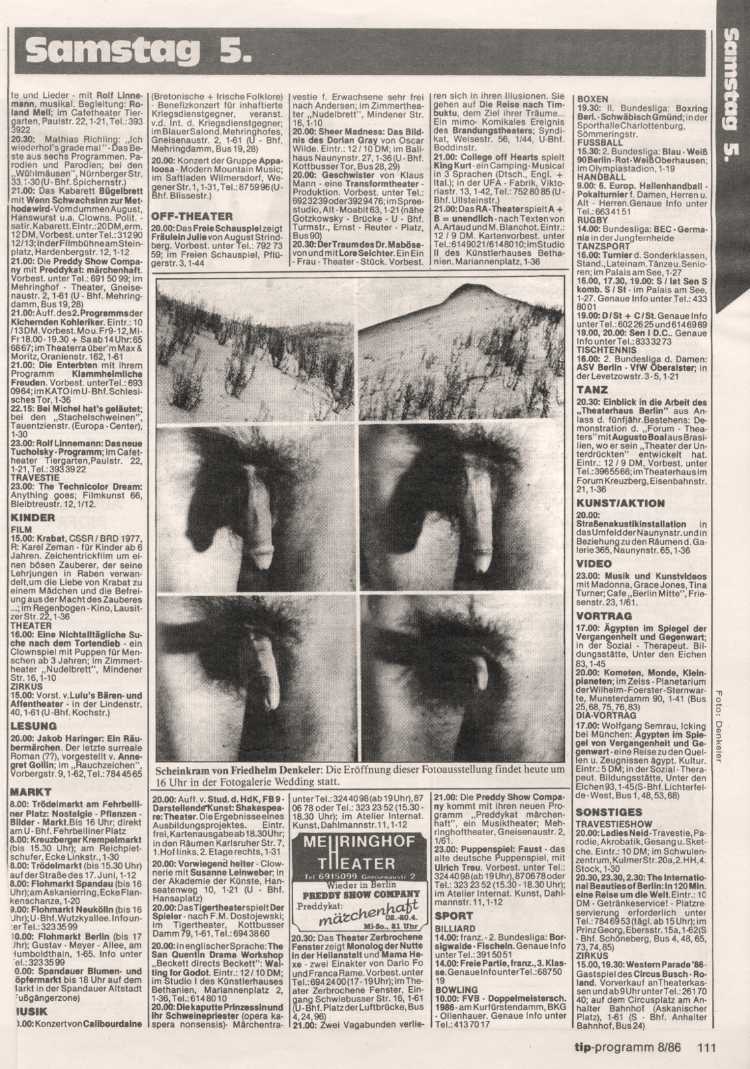 Stadtmagazin TIP, Programmankündigung Vernissage »Fotogalerie im Wedding« zur Ausstellung »Friedhelm Denkeler – Scheinkram«, 1986