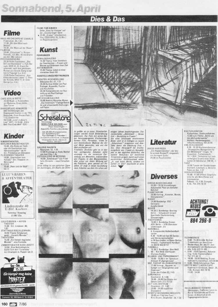 Stadtzeitschrift ZITTY, Tagestipp zur Ausstellung »Friedhelm Denkeler – Scheinkram«, in der »Fotogalerie im Wedding«, 1986