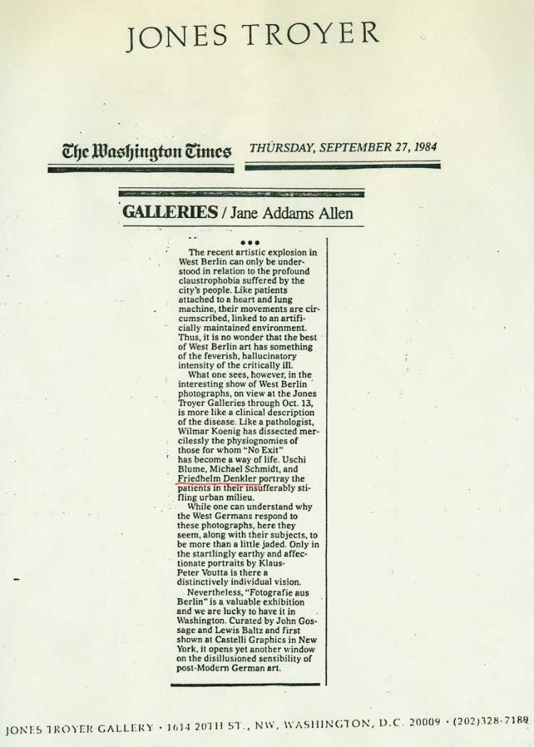 »The Washington Times«, September 27, 1984, zur Ausstellung »Fotografie aus Berlin«, Jones Troyer Gallery, Washington D.C., 18. September bis 13. Oktober 1984