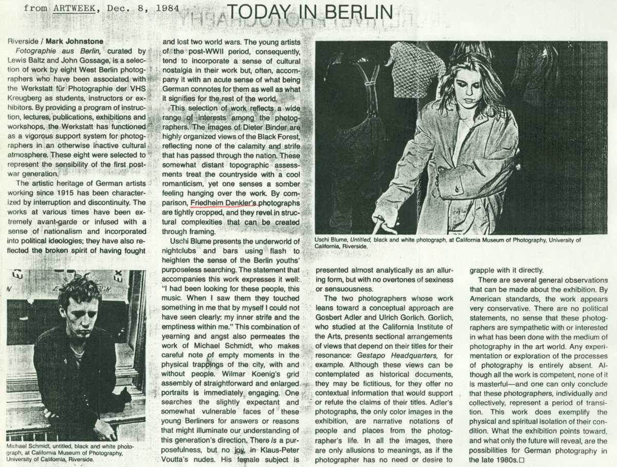 »ARTWEEK« zur Ausstellung »Fotografie aus Berlin«, 8. Dezember 1984