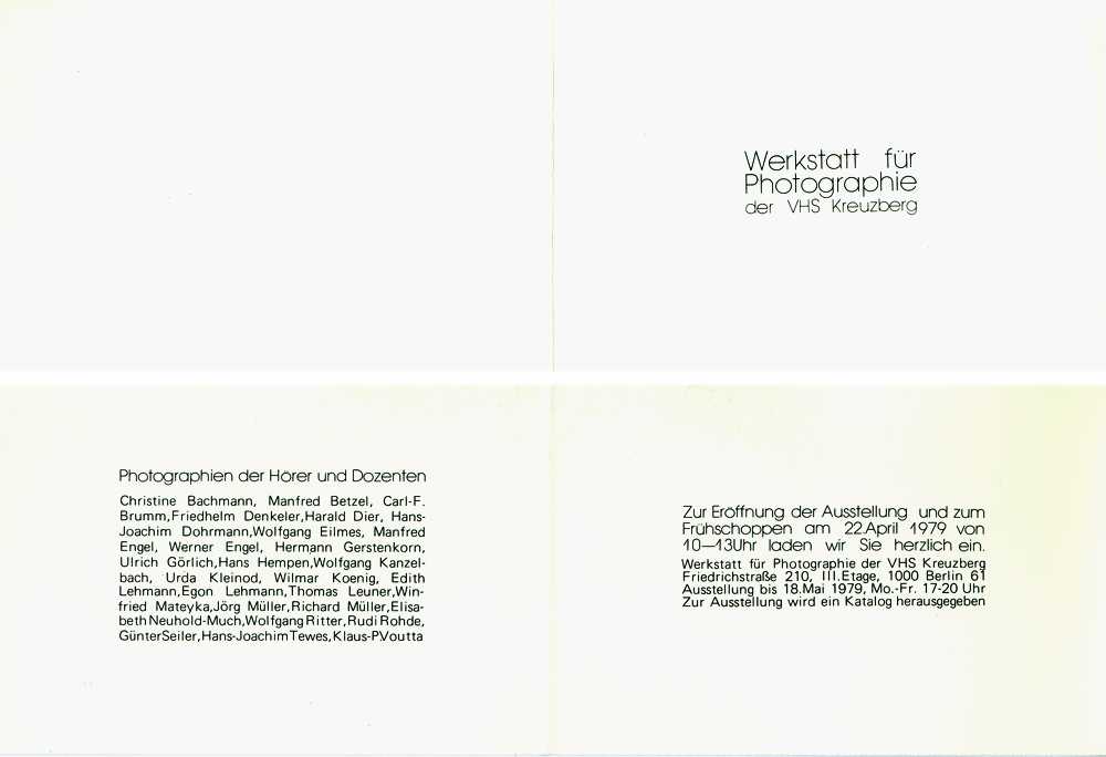Einladungskarte der »Werkstatt für Photografie« zur Ausstellug der Hörer und Dozenten, 1979