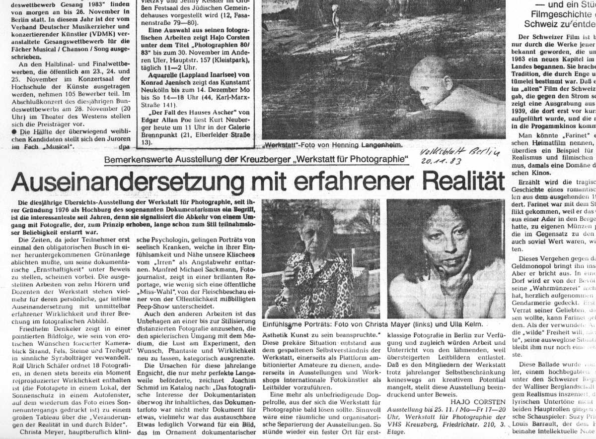 »Spandauer Volksblatt« zu »Arbeiten '83 – Arbeiten der Hörer und Dozenten", Werkstatt für Photographie, 1983