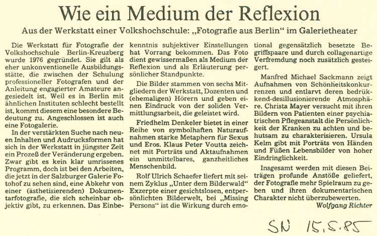 »Salzburger Nachrichten« vom 15. Mai 1985 zur Ausstellung »Neue Fotografie aus Berlin«
