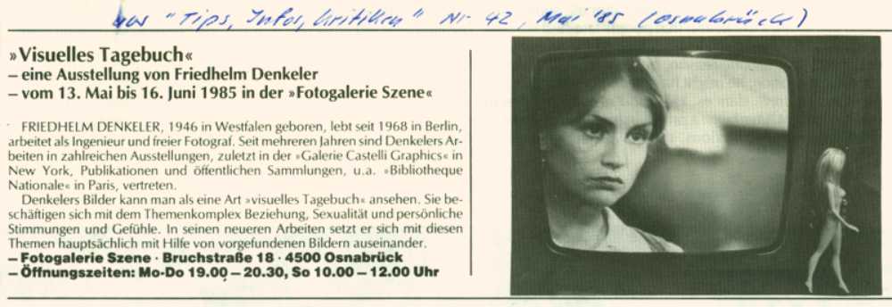Ankündigung der Ausstellung »Friedhelm Denkeler« in der »foto galerie scene« in Osnabrück, 1985