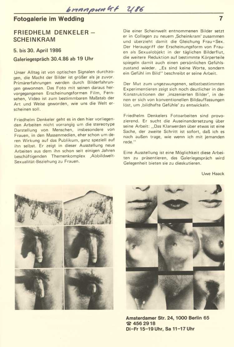 Der »Brennpunkt«, 2/86 zur Ausstellung »Friedhelm Denkeler – Scheinkram« in der Fotogalerie im Wedding, 1986