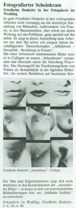 »Berliner Kunstblatt« 50/1986 zur Ausstellung »Friedhelm Denkeler – Scheinkram« in der Fotogalerie im Wedding, 1986