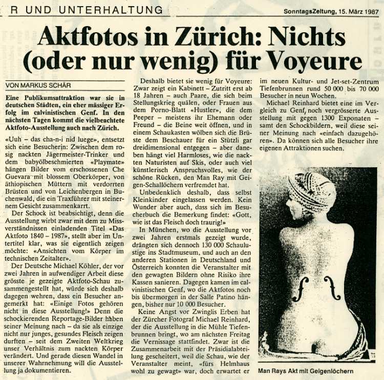 »Sonntagszeitung«, Zürich, 15.03.1987, zur Ausstellung »Das Aktfoto – 1840-1985«, 1987