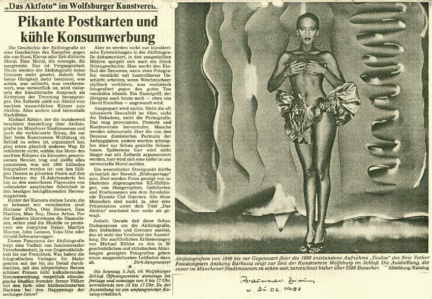 »Braunschweiger Zeitung«, 25.06.1987, zur Ausstellung »Das Aktfoto – 1840-1985« im Wolfsburger Kunstverein, 1987
