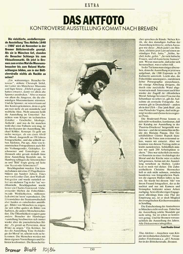 »Bremer Blatt«, 05.11.1987, zur Ausstellung »Das Aktfoto – 1840-1985«, 1987