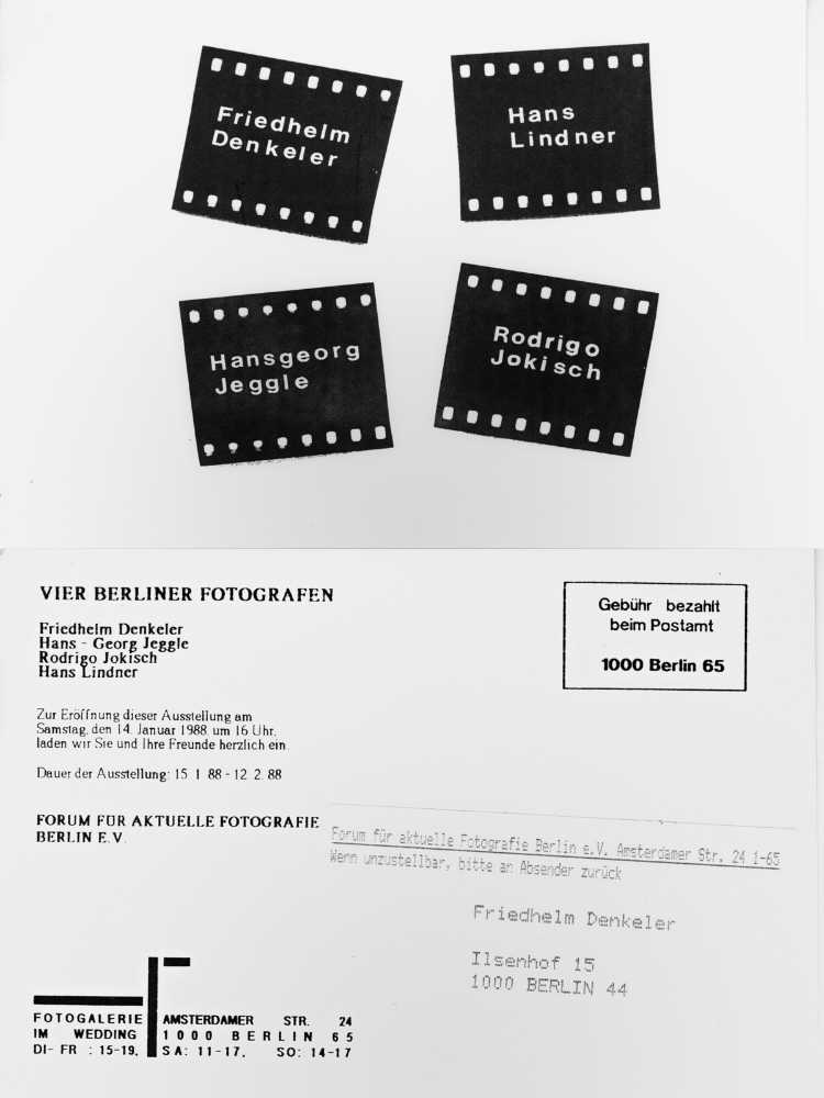 Einladung zur Ausstellung »Vier Berliner Fotografen«, Fotogalerie im Wedding, 4. Januar 1988