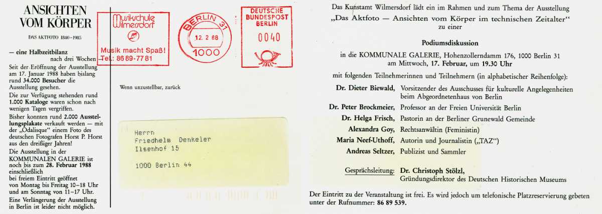 Einladung zur Podiumsdiskusseion der Kommunalen Galerie zur Ausstellung »Ansichten vom Körper – Das Aktfoto 1840-1985«, Berlin, 1988