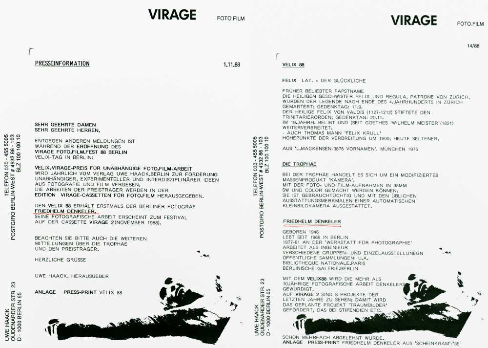 Presseinformation zum »Virage Foto-Film-Fest« von Uwe Haack, Berlin, 1988
