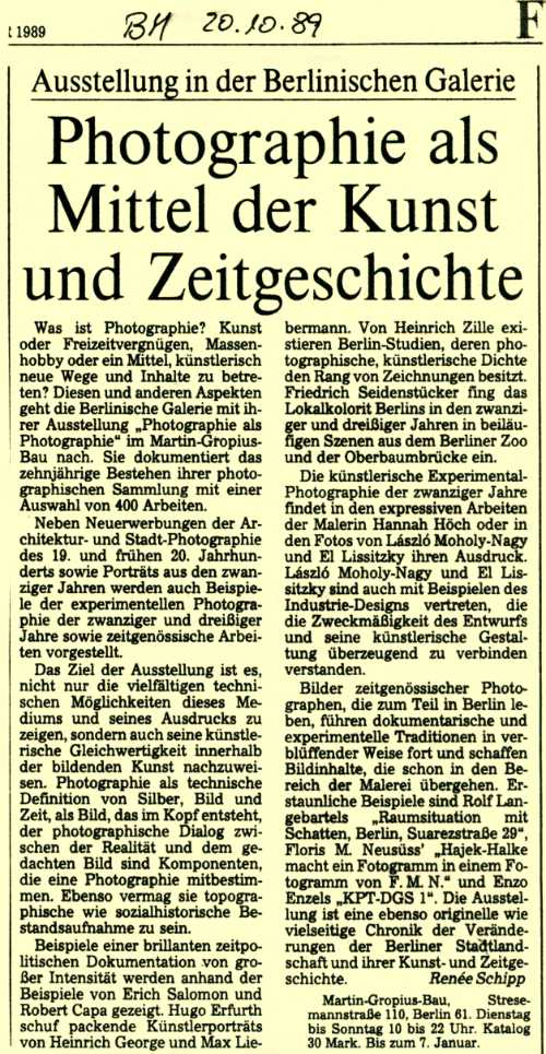 »Berliner Morgenpost« (20.10.1989) zur Ausstellung »Photographie als Kunst – Kunst als Photographie«, Berlinische Galerie im Martin-Gropius-Bau, 1989