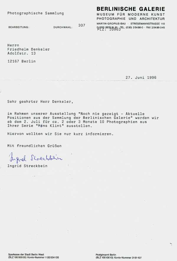 Ankündigung der Berlinischen Galerie zur, Ausstellung »Noch nie gezeigt – Aktuelle Positionen aus der Sammlung der Berlinischen Galerie«, mit meinem Portfolio »Mons Klint«, 1996