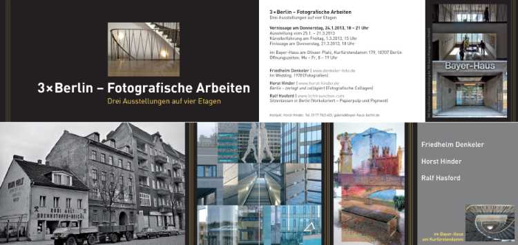 Einladungskarte zur Ausstellung »3 x Berlin – Fotografische Arbeiten – Drei Ausstellungen auf vier Etagen« im Bayer-Haus am Kurfürstendamm, 25.01. - 21.03.2013