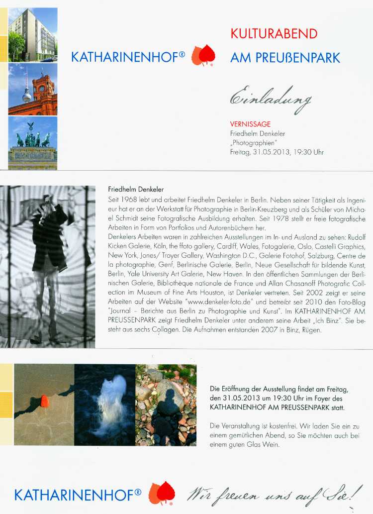 Einladungskarte zur Ausstellung »Friedhelm Denkeler – Photographien«, im Katharinenhof am Preußenpark, 01.06. - 31.08.2013