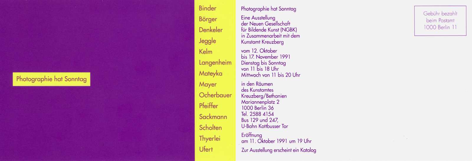 Einladungskarte zur Ausstellung »Photographie hat Sonntag« der Neuen Gesellschaft für Bildende Kunst (NGBK) im Kunstquartier Bethanien, 1991