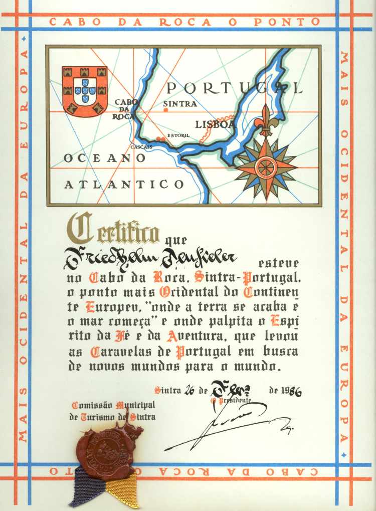 »Zertifikat zum Besuch am Kap »Cabo da Roca«, Portugal 1986